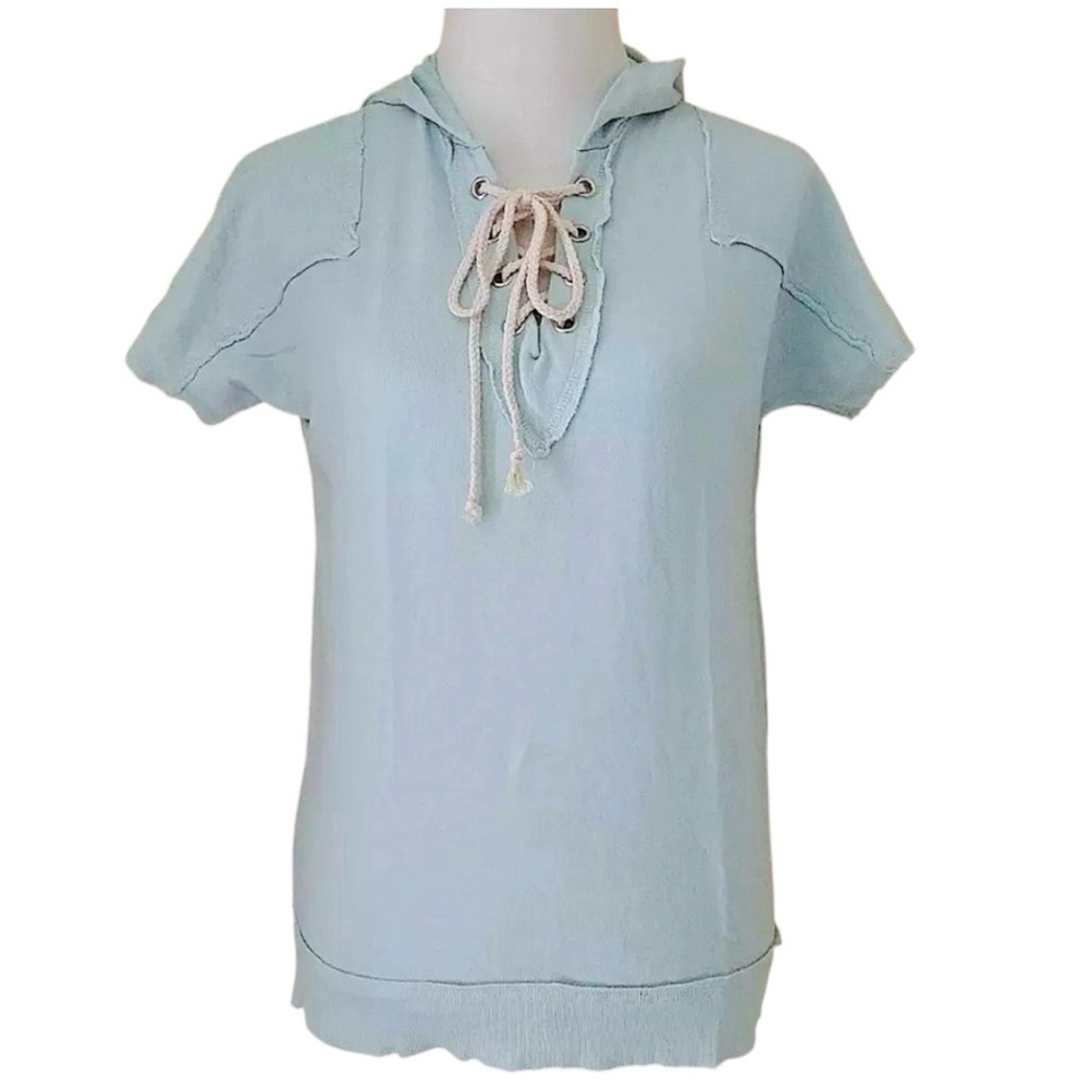 Mint Green Short Sleeve Lace-Up Modcloth Sweatshirt Hoodie by Freeloader